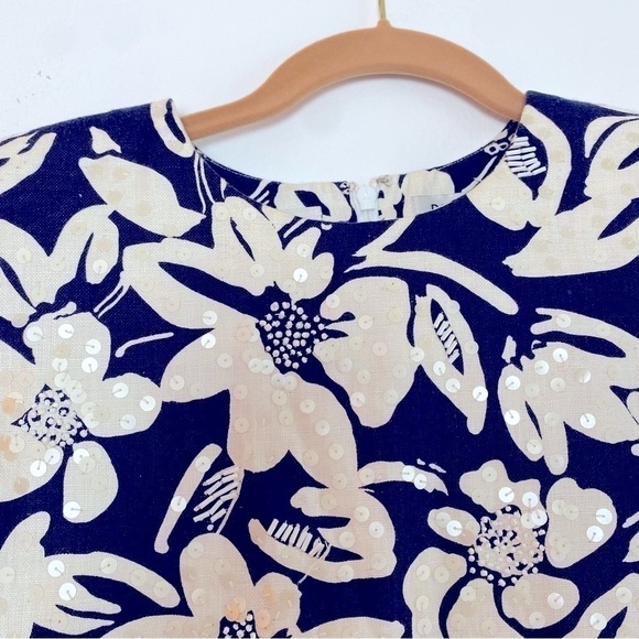 Vintage BILL BLASS Womans Linen Shift Short Sleeve Dress Sequined Beaded 12 - Picture 3 of 15